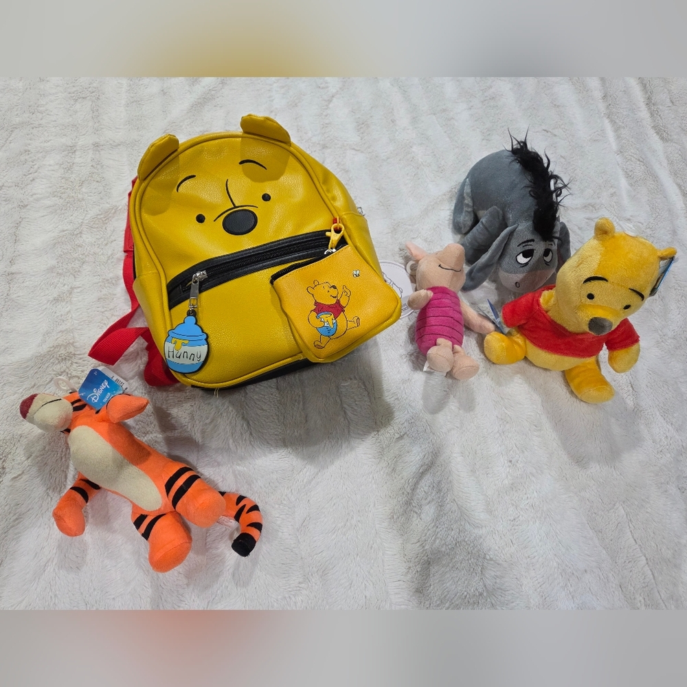 Yellow Winnie the Pooh Backpack with 4 Plush Toys